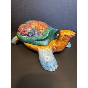 Hand-Carved & Painted Wooden Turtle Trinket Box Sea Ocean Beach Decor